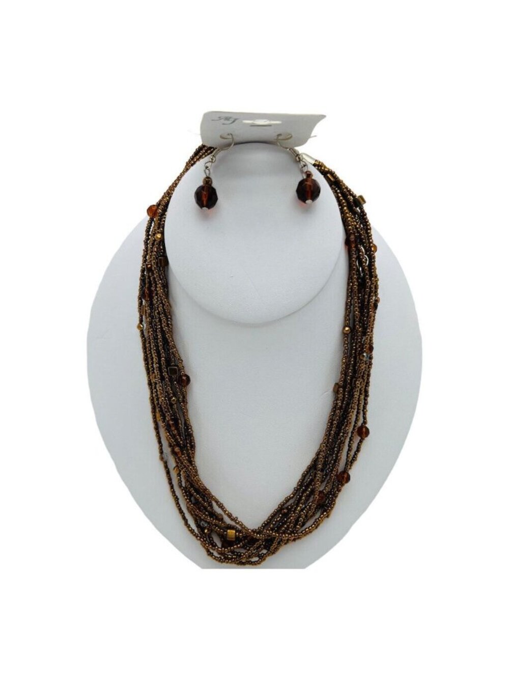 Multi-Strand Beaded Necklace & Earrings Set With Brown Glass Beads
